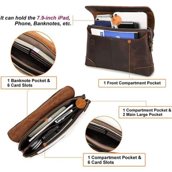 Mens Clutch Bag Genuine Leather ID Card, Hand Clutch Purse Handbag 7.9 inches - Picture 6 of 7